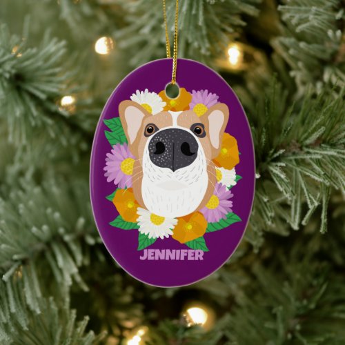 Corgi Dog with Flowers Purple Personalized Ceramic Ornament