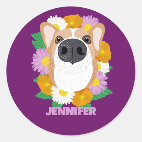 Corgi Dog with Flowers Purple Personalized Classic Round Sticker