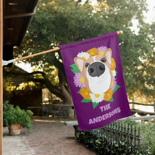 Corgi Dog with Flowers Purple Personalized House Flag