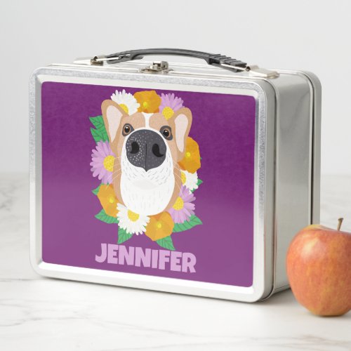 Corgi Dog with Flowers Purple Personalized Metal Lunch Box
