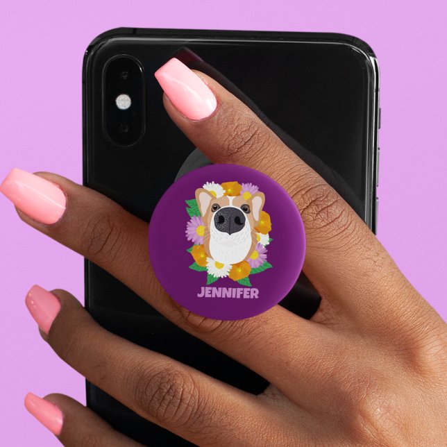 Corgi Dog with Flowers Purple Personalized PopSocket (Creator Uploaded)