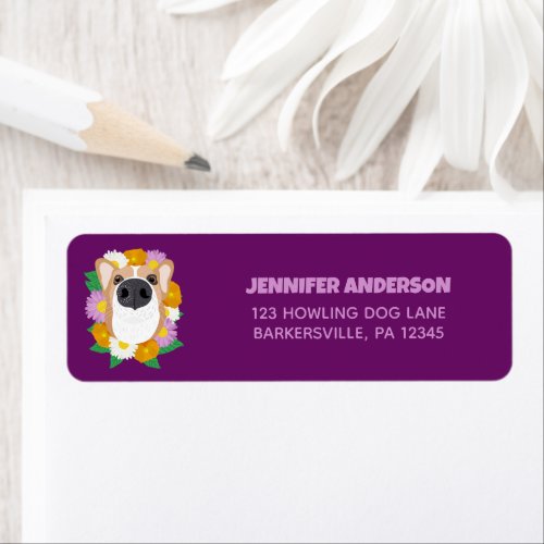 Corgi Dog with Flowers Purple Return Address Label