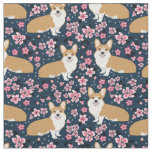 corgi dogs cherry blossoms navy fabric