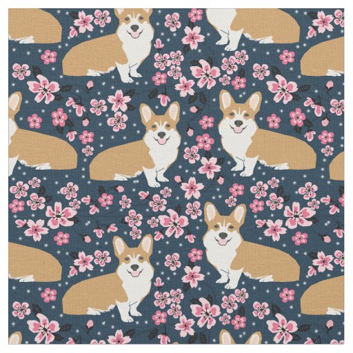 corgi dogs cherry blossoms navy fabric