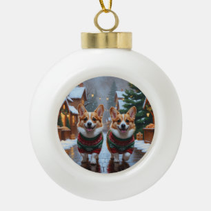 Corgi Dogs Christmas Snow Holiday Ceramic Ball Christmas Ornament