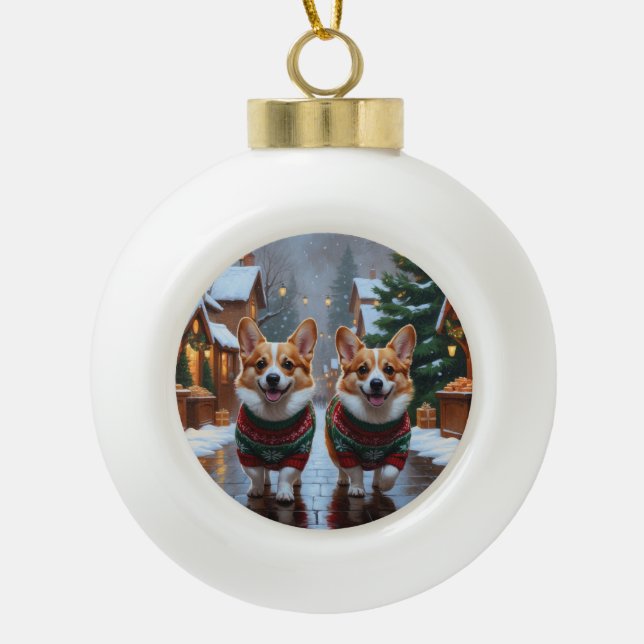 Corgi Dogs Christmas Snow Holiday Ceramic Ball Christmas Ornament (Front)