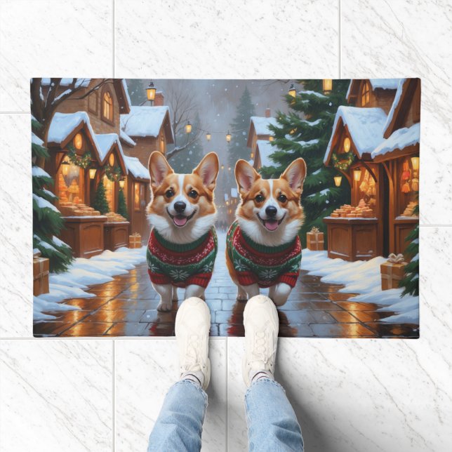 Corgi Dogs Christmas Snow Holiday Doormat (Indoor)