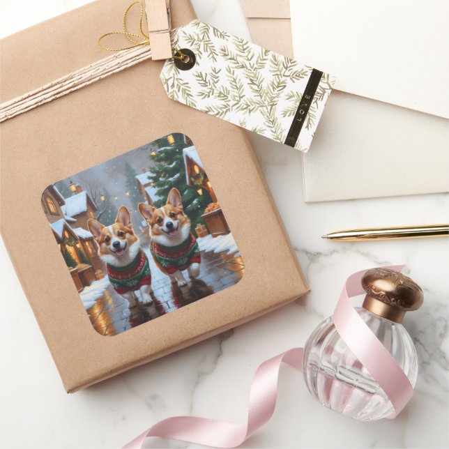 Corgi Dogs Christmas Snow Holiday Square Sticker (Gifting)