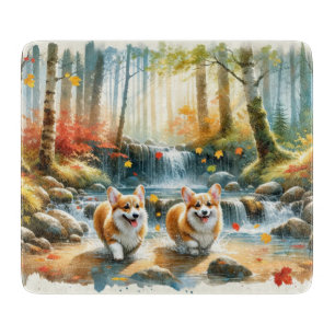 Corgi Dogs In A Woodland Stream With Fall Colors Cutting Board