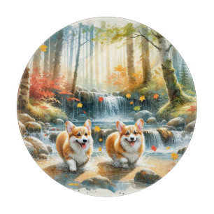 Corgi Dogs In A Woodland Stream With Fall Colors Cutting Board