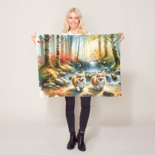 Corgi Dogs In A Woodland Stream With Fall Colors Fleece Blanket