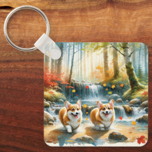 Corgi Dogs In A Woodland Stream With Fall Colors Keychain