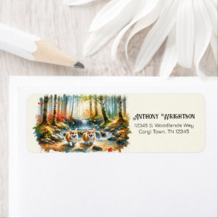 Corgi Dogs In A Woodland Stream With Fall Colors Label