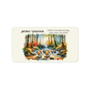 Corgi Dogs In A Woodland Stream With Fall Colors Label