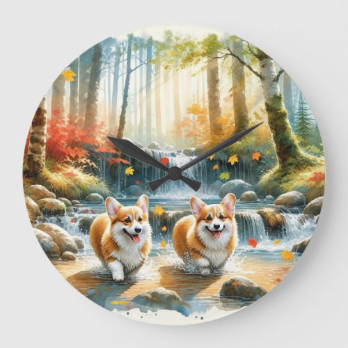 Corgi Dogs In A Woodland Stream With Fall Colors Large Clock