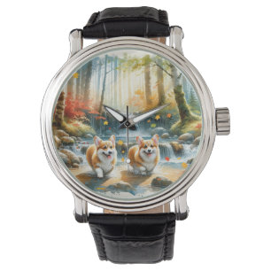 Corgi Dogs In A Woodland Stream With Fall Colors Watch