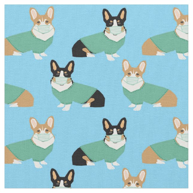 corgi dogs in scrubs light blue fabric (Close Up)