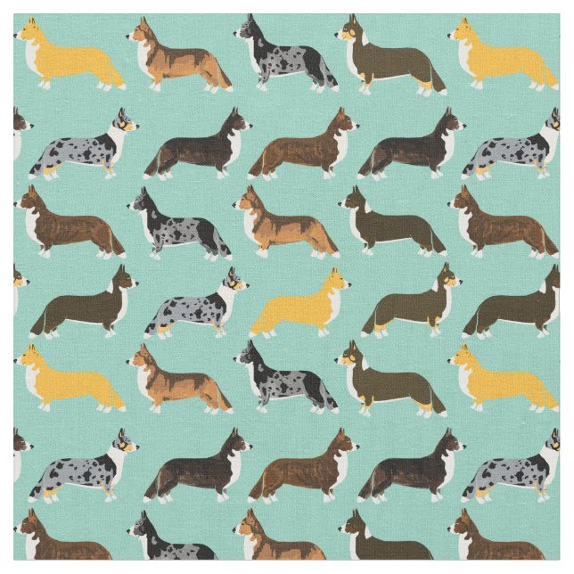 Corgi dogs mint fabric (Close Up)