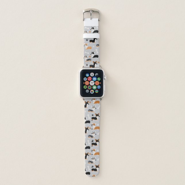 Corgi Dogs Paws and Bones Pattern Gray Apple Watch Band (Front)