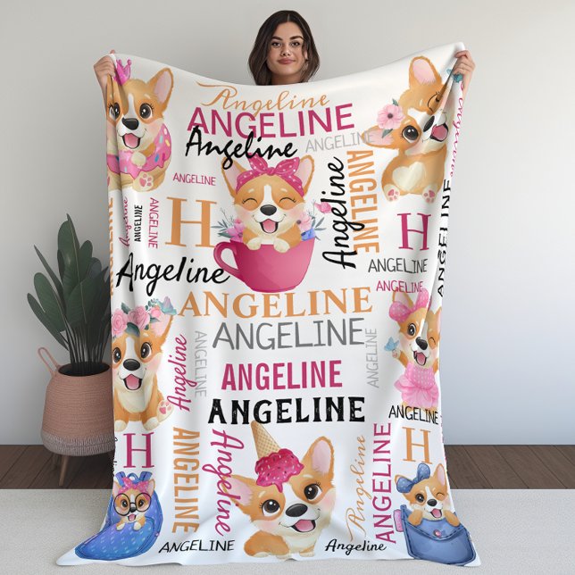Corgi Dogs Personalized Name Collage Fleece Blanket (Corgi Dogs Personalized Name Collage Fleece Blanket)