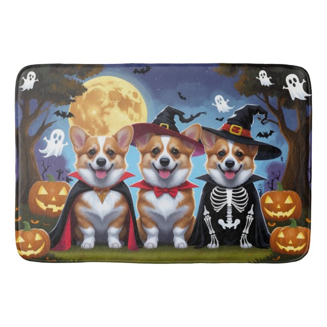 Corgi Dogs Pumpkin Halloween Funny Bath Mat (Front)