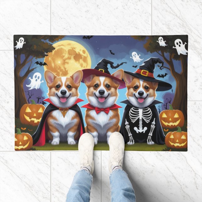 Corgi Dogs Pumpkin Halloween Funny Doormat (Indoor)