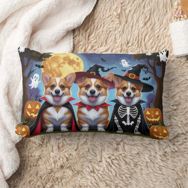 Corgi Dogs Pumpkin Halloween Funny Lumbar Pillow (Blanket)