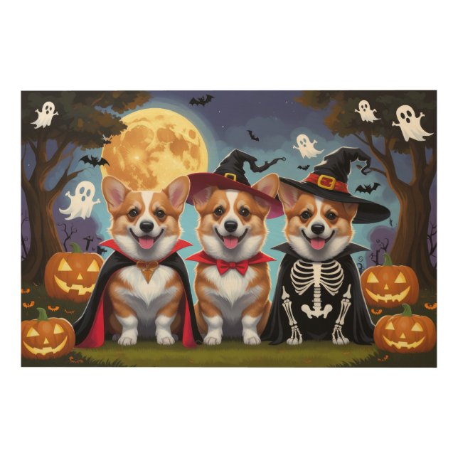 Corgi Dogs Pumpkin Halloween Funny Wood Wall Art (Front)