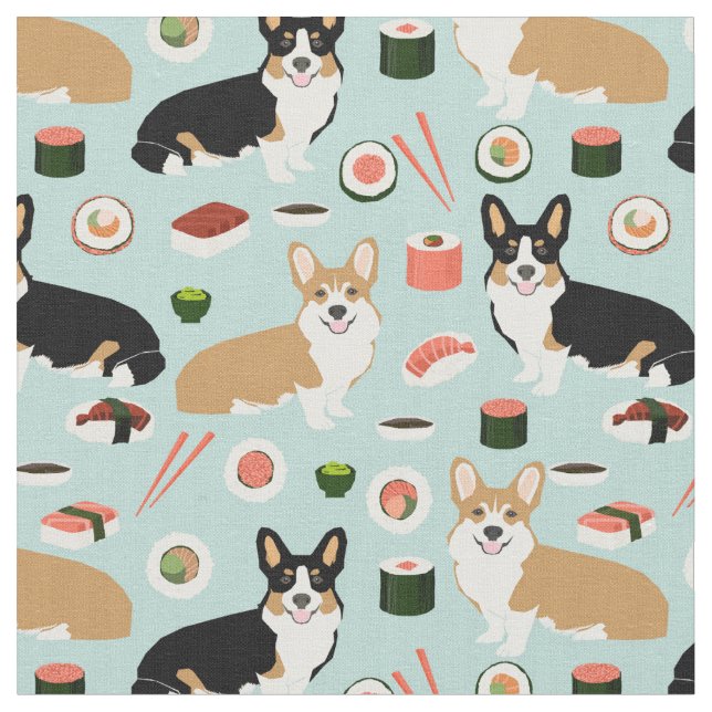 corgi dogs sushi food fabric (Close Up)