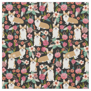 corgi dogs vintage florals black fabric
