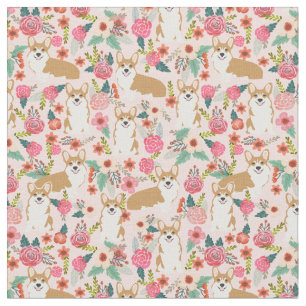 corgi dogs vintage florals light pink fabric