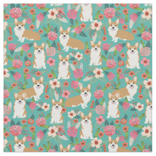 corgi dogs vintage florals turquoise fabric