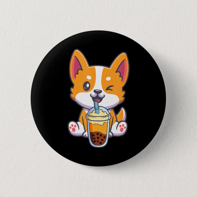 Corgi Drinking Boba Bubble Tea Drink Dog Anime Kaw Button (Front)