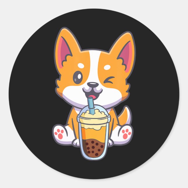 Corgi Drinking Boba Bubble Tea Drink Dog Classic Round Sticker (Front)