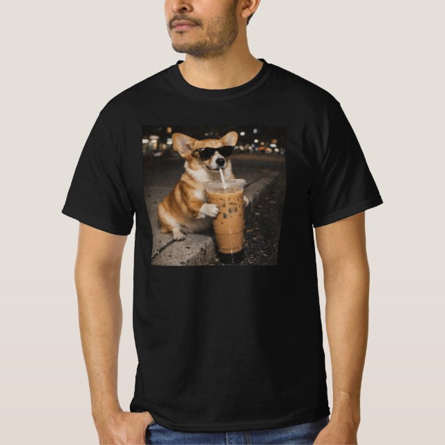 Corgi Drinking Iced Coffee Funny Animal Dog Meme T-Shirt (Front)
