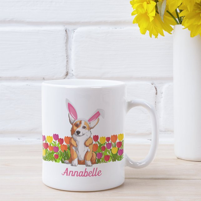 Corgi Easter Bunny Flowers Cute Personalized Coffee Mug (Creator Uploaded)