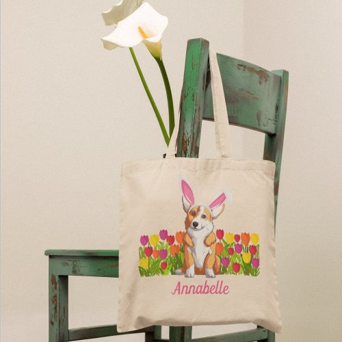 Corgi Easter Bunny Flowers Cute Personalized Tote Bag