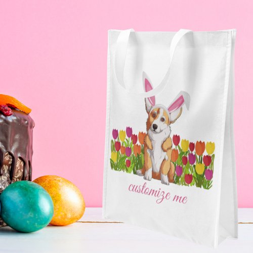 Corgi Easter Bunny Tulips Cute Custom Floral Grocery Bag