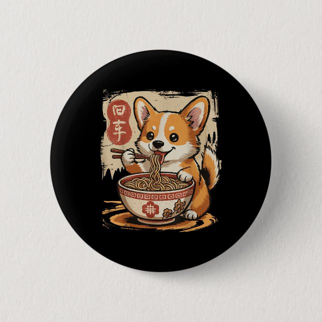 Corgi Eating Ramen  Button (Front)