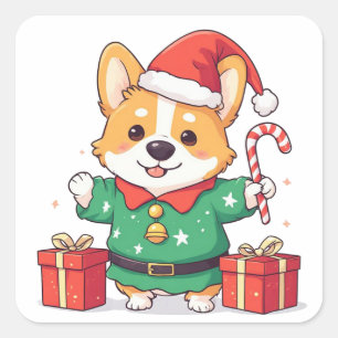Corgi Elf Holding Wrapped Christmas Present Square Sticker