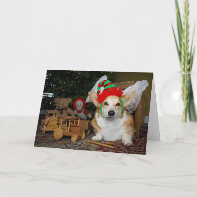 Corgi Elf in a Box Christmas card (Front)