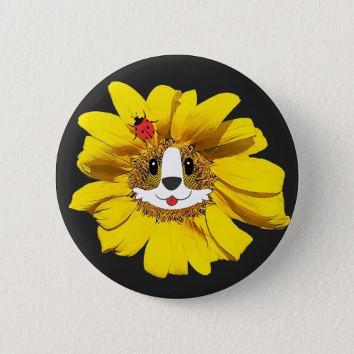 Corgi Face Sunflower With Lady Bug Hair Bow Cute Button