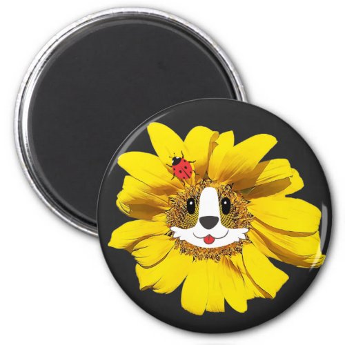 Corgi Face Sunflower With Lady Bug Hair Bow Cute Magnet