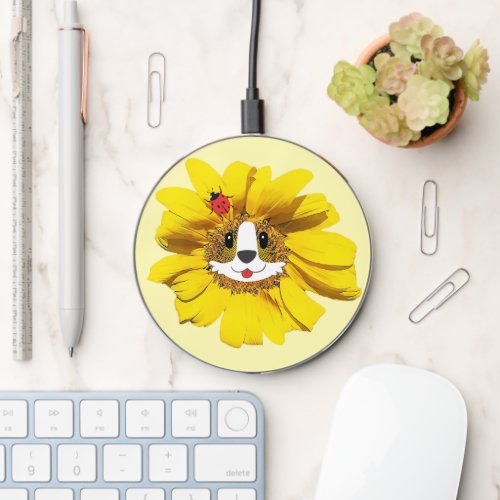 Corgi Face Sunflower With Lady Bug Hair Bow Cute Wireless Charger