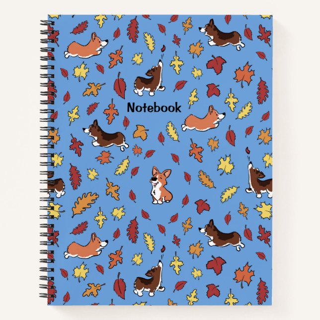 Corgi Fall Leaves Blue Custom Spiral Notebook (Front)