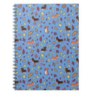 Corgi Fall Leaves Blue Plain Notebook