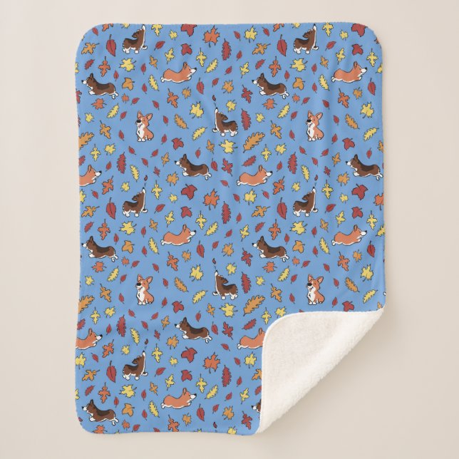 Corgi Fall Leaves Blue Sherpa Blanket (Front)