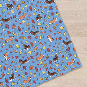 Corgi Fall Leaves Pattern Blue Fleece Blanket