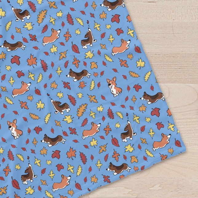 Corgi Fall Leaves Pattern Blue Fleece Blanket (Creator Uploaded)