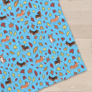 Corgi Fall Leaves Pattern Teal Fleece Blanket